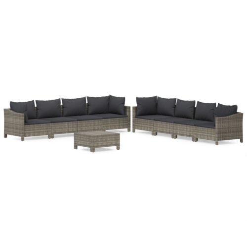 9-Piece Garden Lounge Set with Cushions Grey Poly Rattan Wicker Outdoor Patio Furniture