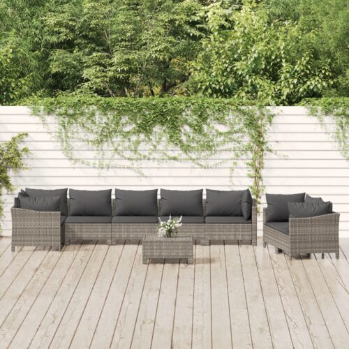 9-Piece Garden Lounge Set with Cushions Grey Poly Rattan Wicker Outdoor Patio Furniture - Image 2