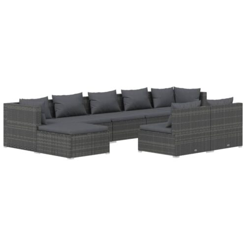 9-Piece Garden Lounge Set with Cushions Grey Poly Rattan Wicker Outdoor Patio Furniture