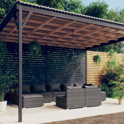 9-Piece Garden Lounge Set with Cushions Grey Poly Rattan Wicker Outdoor Patio Furniture - Image 2