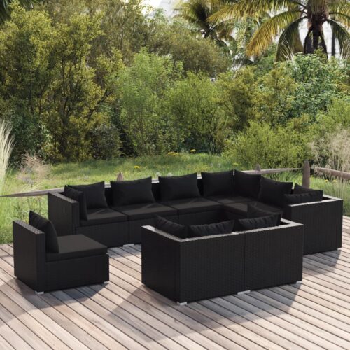 9-Piece Garden Lounge Set with Cushions Poly Rattan Wicker Outdoor Patio Furniture Black - Image 2