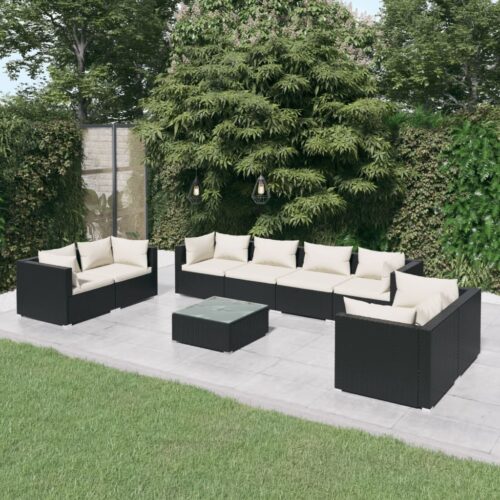 9-Piece Garden Lounge Set with Cushions Poly Rattan Wicker Outdoor Patio Furniture Black - Image 2