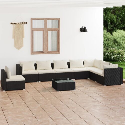 9-Piece Garden Lounge Set with Cushions Poly Rattan Wicker Outdoor Patio Furniture Black - Image 2