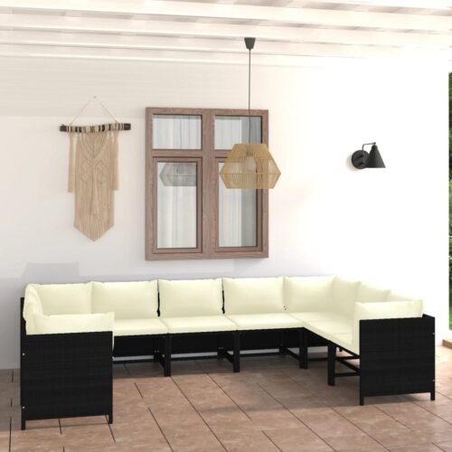 9-Piece Garden Lounge Set with Cushions Poly Rattan Wicker Outdoor Patio Furniture Black - Image 2