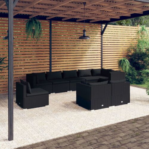 9-Piece Garden Lounge Set with Cushions Poly Rattan Wicker Outdoor Patio Furniture Black - Image 2