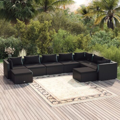 9-Piece Garden Lounge Set with Cushions Poly Rattan Wicker Outdoor Patio Furniture Black - Image 2