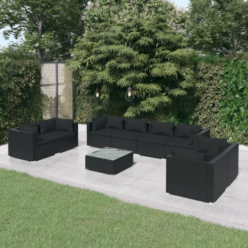 9-Piece Garden Lounge Set with Cushions Poly Rattan Wicker Outdoor Patio Furniture Black - Image 2