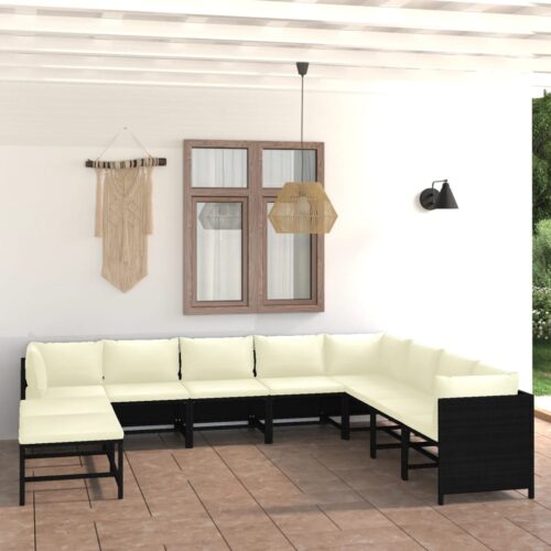 9-Piece Garden Lounge Set with Cushions Poly Rattan Wicker Outdoor Patio Furniture Black - Image 2