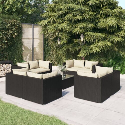 9-Piece Garden Lounge Set with Cushions Poly Rattan Wicker Outdoor Patio Furniture Black - Image 2