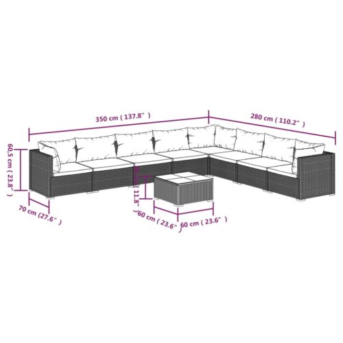 9-Piece Garden Lounge Set with Cushions Poly Rattan Wicker Outdoor Patio Furniture Black - Image 6