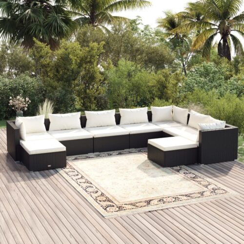 9-Piece Garden Lounge Set with Cushions Poly Rattan Wicker Outdoor Patio Furniture Black - Image 2