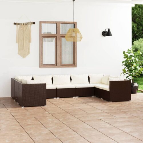 9-Piece Garden Lounge Set with Cushions Poly Rattan Wicker Outdoor Patio Furniture Brown - Image 2