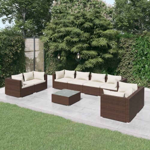 9-Piece Garden Lounge Set with Cushions Poly Rattan Wicker Outdoor Patio Furniture Brown - Image 2