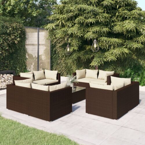 9-Piece Garden Lounge Set with Cushions Poly Rattan Wicker Outdoor Patio Furniture Brown - Image 2