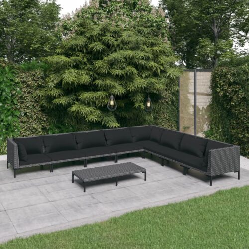 9-Piece Garden Lounge Set with Cushions Poly Rattan Wicker Outdoor Patio Furniture Dark Grey - Image 2