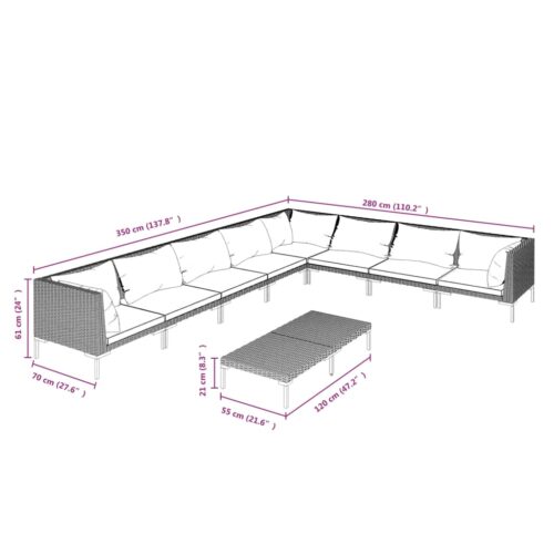 9-Piece Garden Lounge Set with Cushions Poly Rattan Wicker Outdoor Patio Furniture Dark Grey - Image 9