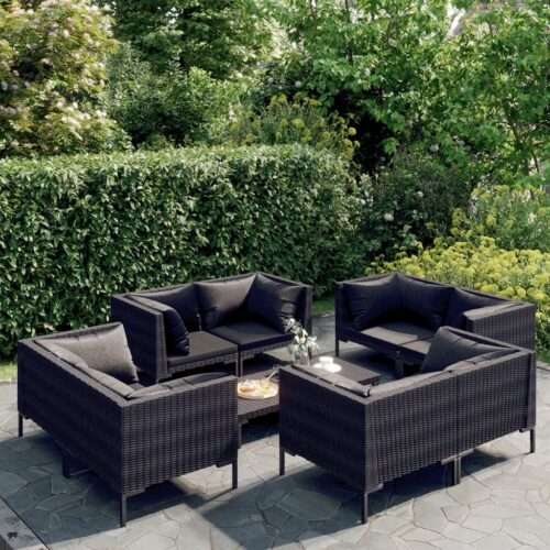9-Piece Garden Lounge Set with Cushions Poly Rattan Wicker Outdoor Patio Furniture Dark Grey - Image 2
