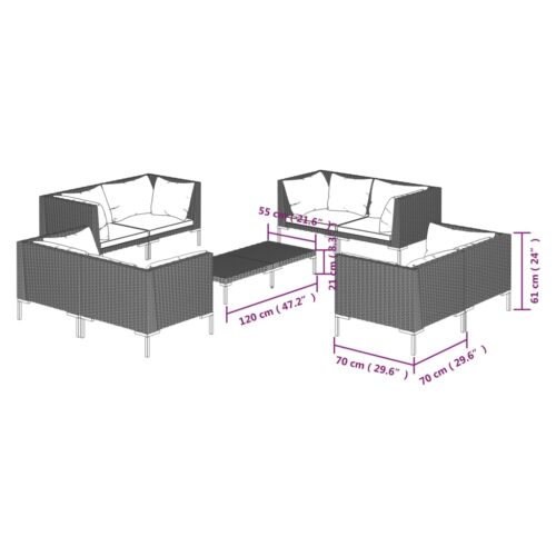 9-Piece Garden Lounge Set with Cushions Poly Rattan Wicker Outdoor Patio Furniture Dark Grey - Image 7