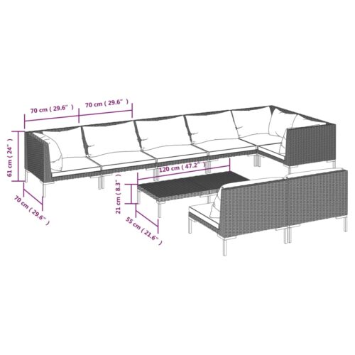 9-Piece Garden Lounge Set with Cushions Poly Rattan Wicker Outdoor Patio Furniture Dark Grey - Image 9