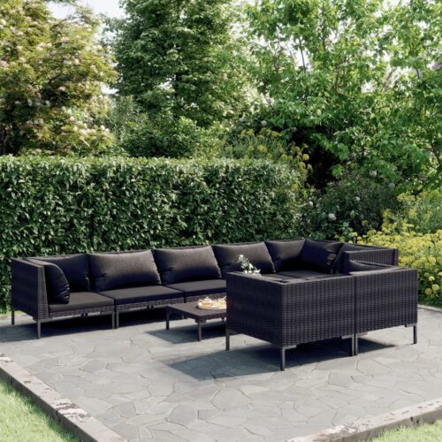 9-Piece Garden Lounge Set with Cushions Poly Rattan Wicker Outdoor Patio Furniture Dark Grey - Image 2