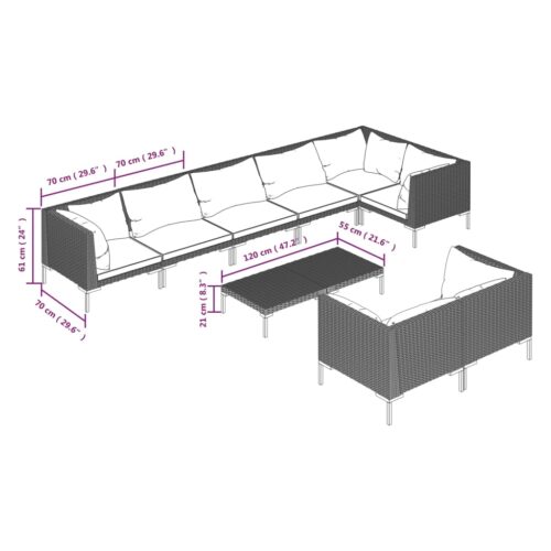 9-Piece Garden Lounge Set with Cushions Poly Rattan Wicker Outdoor Patio Furniture Dark Grey - Image 9