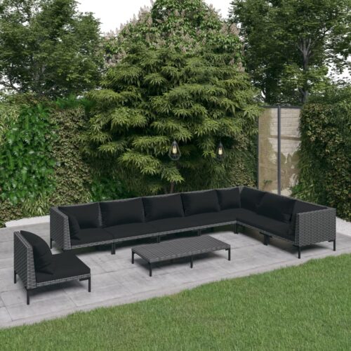 9-Piece Garden Lounge Set with Cushions Poly Rattan Wicker Outdoor Patio Furniture Dark Grey - Image 2