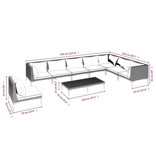 9-Piece Garden Lounge Set with Cushions Poly Rattan Wicker Outdoor Patio Furniture Dark Grey - Image 9