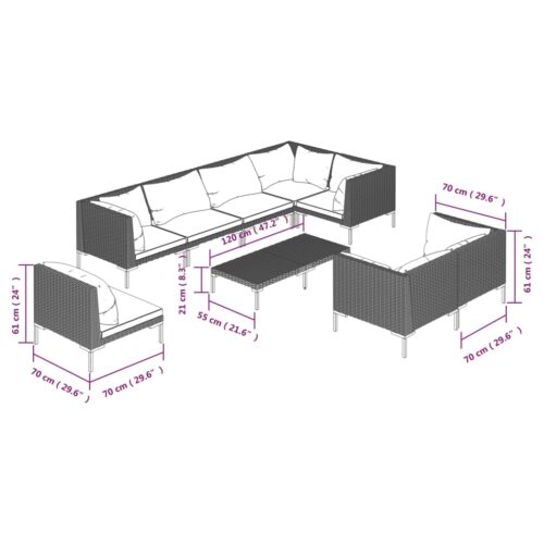 9-Piece Garden Lounge Set with Cushions Poly Rattan Wicker Outdoor Patio Furniture Dark Grey - Image 9
