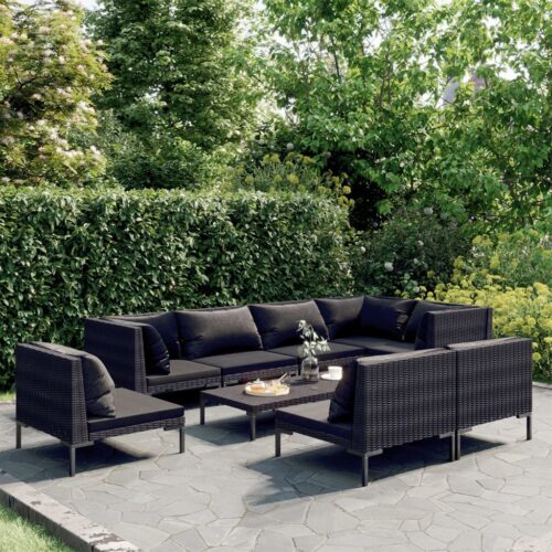 9-Piece Garden Lounge Set with Cushions Poly Rattan Wicker Outdoor Patio Furniture Dark Grey - Image 2