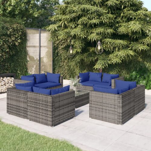 9-Piece Garden Lounge Set with Cushions Poly Rattan Wicker Outdoor Patio Furniture Grey - Image 2