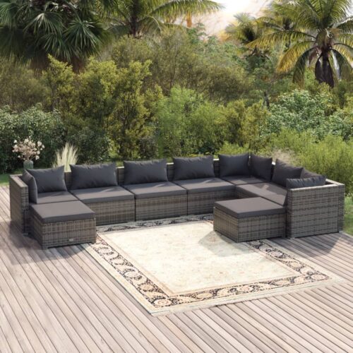 9-Piece Garden Lounge Set with Cushions Poly Rattan Wicker Outdoor Patio Furniture Grey - Image 2