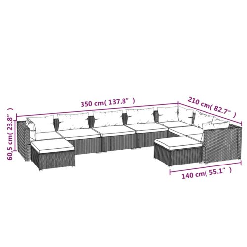 9-Piece Garden Lounge Set with Cushions Poly Rattan Wicker Outdoor Patio Furniture Grey - Image 9