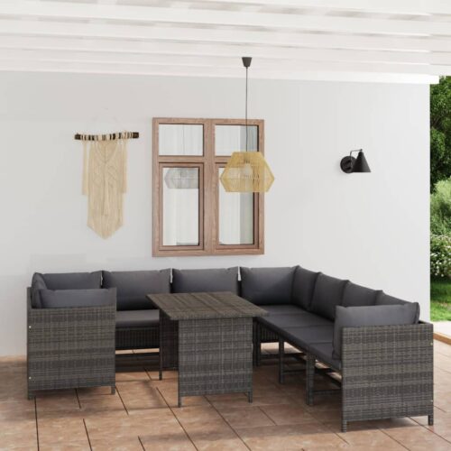 9-Piece Garden Lounge Set with Cushions Poly Rattan Wicker Outdoor Patio Furniture Grey - Image 2
