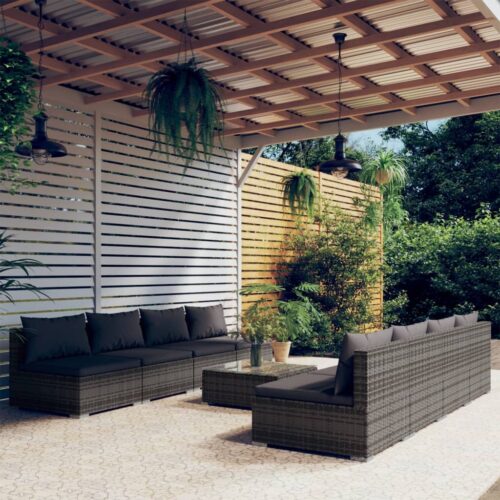9-Piece Garden Lounge Set with Cushions Poly Rattan Wicker Outdoor Patio Furniture Grey - Image 2