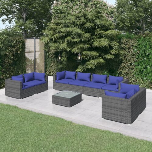 9-Piece Garden Lounge Set with Cushions Poly Rattan Wicker Outdoor Patio Furniture Grey - Image 2