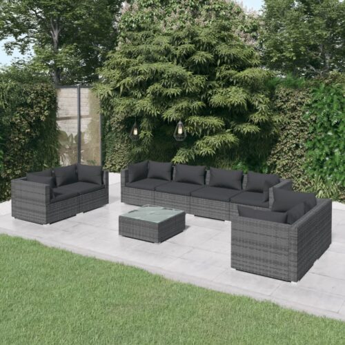 9-Piece Garden Lounge Set with Cushions Poly Rattan Wicker Outdoor Patio Furniture Grey