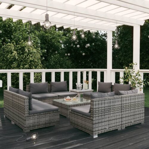 9-Piece Garden Lounge Set with Cushions Poly Rattan Wicker Outdoor Patio Furniture Grey - Image 2