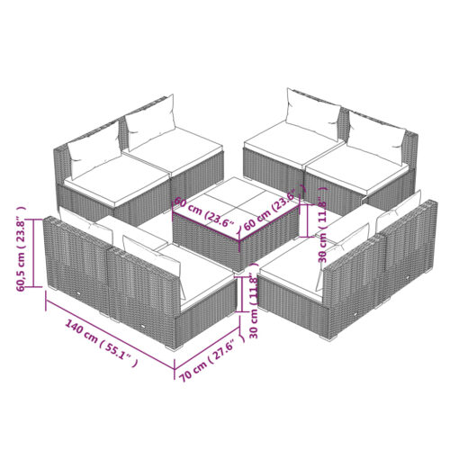 9-Piece Garden Lounge Set with Cushions Poly Rattan Wicker Outdoor Patio Furniture Grey - Image 6