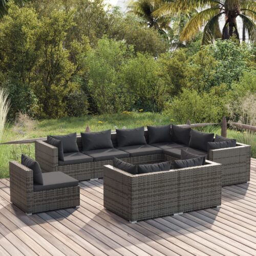9-Piece Garden Lounge Set with Cushions Poly Rattan Wicker Outdoor Patio Furniture Grey - Image 2