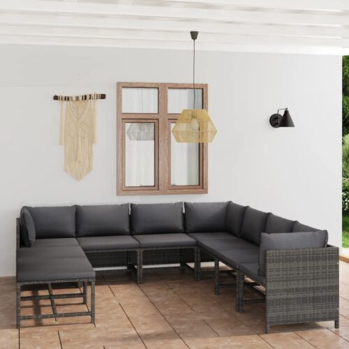 9-Piece Garden Lounge Set with Cushions Poly Rattan Wicker Outdoor Patio Furniture Grey - Image 2