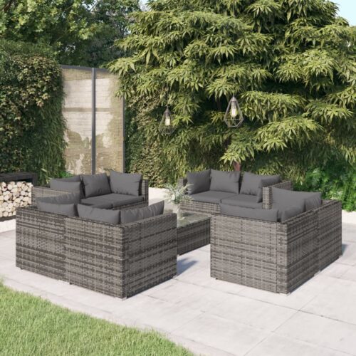 9-Piece Garden Lounge Set with Cushions Poly Rattan Wicker Outdoor Patio Furniture Grey - Image 2