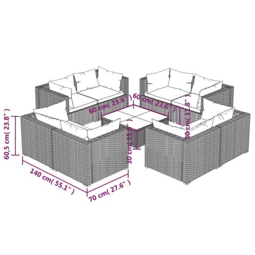 9-Piece Garden Lounge Set with Cushions Poly Rattan Wicker Outdoor Patio Furniture Grey - Image 7