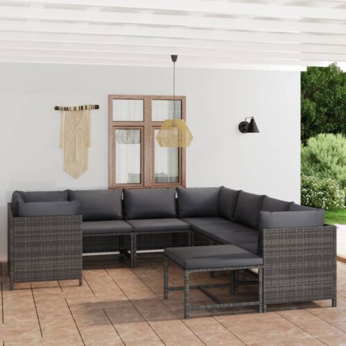 9-Piece Garden Lounge Set with Cushions Poly Rattan Wicker Outdoor Patio Furniture Grey - Image 2