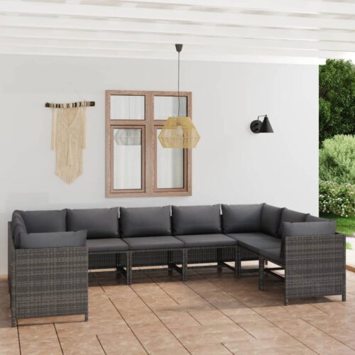 9-Piece Garden Lounge Set with Cushions Poly Rattan Wicker Outdoor Patio Furniture Grey - Image 2