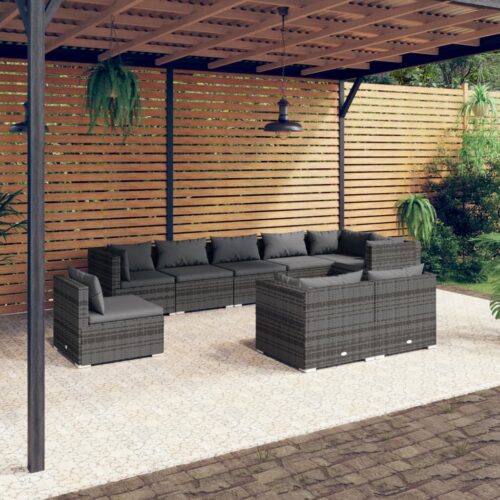 9-Piece Garden Lounge Set with Cushions Poly Rattan Wicker Outdoor Patio Furniture Grey - Image 2