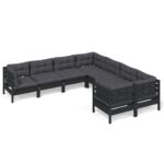 8-Piece Garden Lounge Set with Cushions Black Pine Wood Outdoor Patio Furniture
