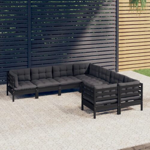 8-Piece Garden Lounge Set with Cushions Black Pine Wood Outdoor Patio Furniture - Image 7
