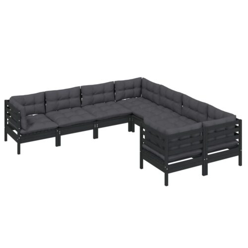 8-Piece Garden Lounge Set with Cushions Black Pine Wood Outdoor Patio Furniture - Image 2