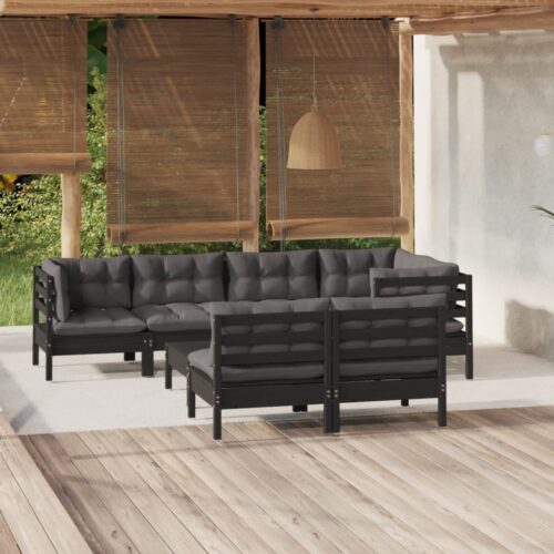 8-Piece Garden Lounge Set with Cushions Black Pine Wood Outdoor Patio Furniture - Image 9