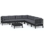 8-Piece Garden Lounge Set with Cushions Black Pine Wood Outdoor Patio Furniture